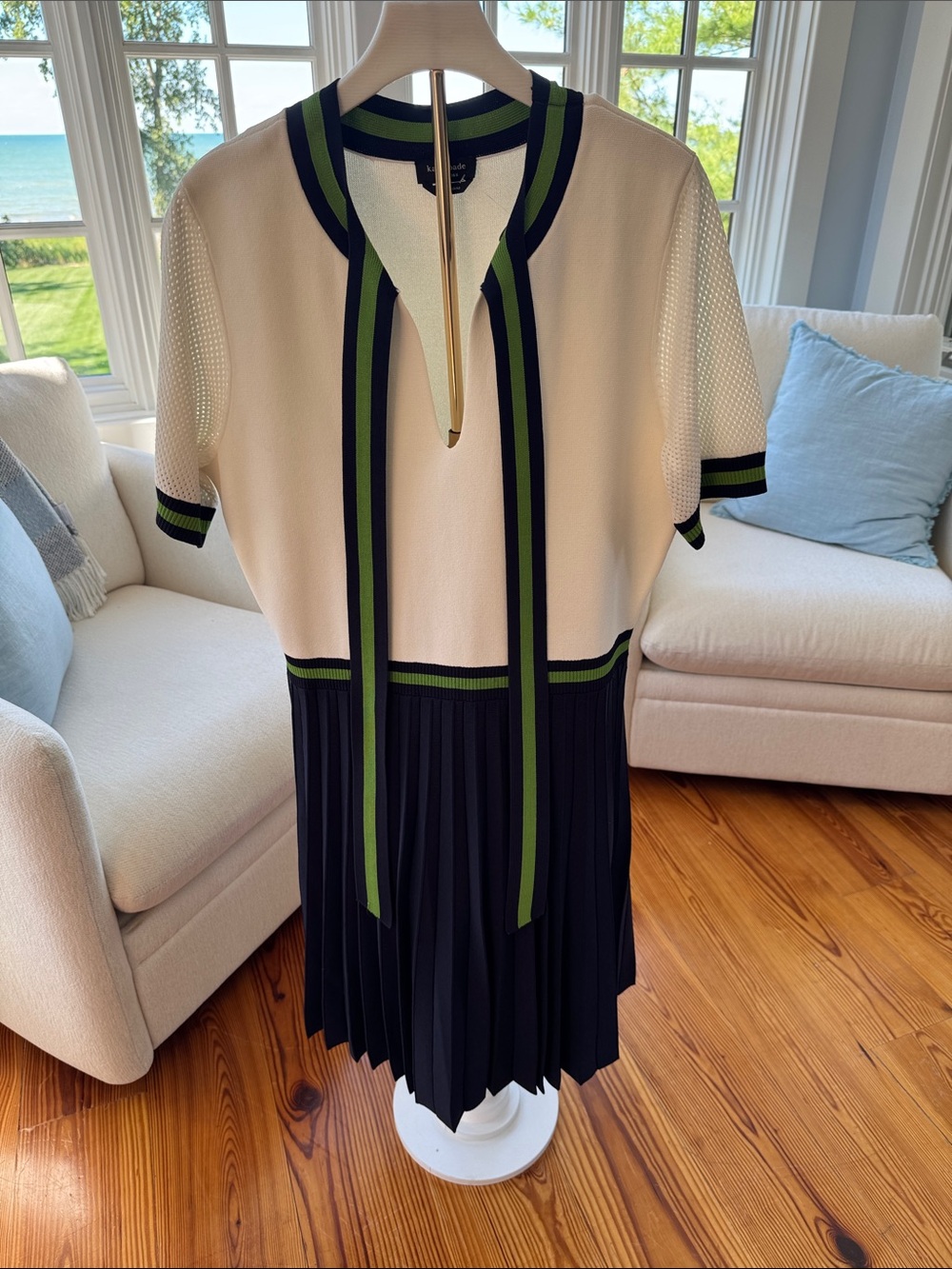 kate spade Cream and Navy Pleated Dress with Green Trim